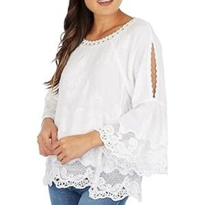 Democracy White Lace Bell Sleeve Shoulder Peep Peasant Boho Embroidered Top XL